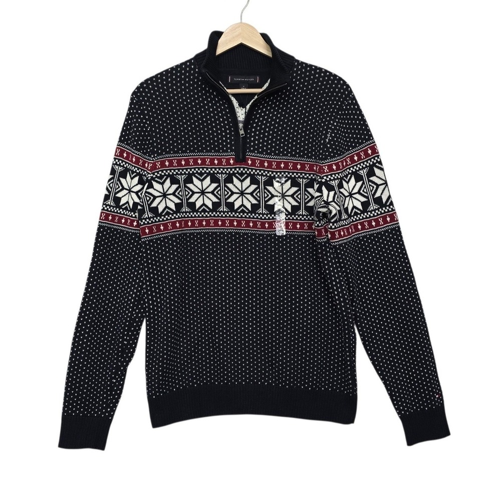 Tommy Hilfiger Navy Blue Fair Isle Snowflake 1/4 Zip Cotton Sweater Mens Medium